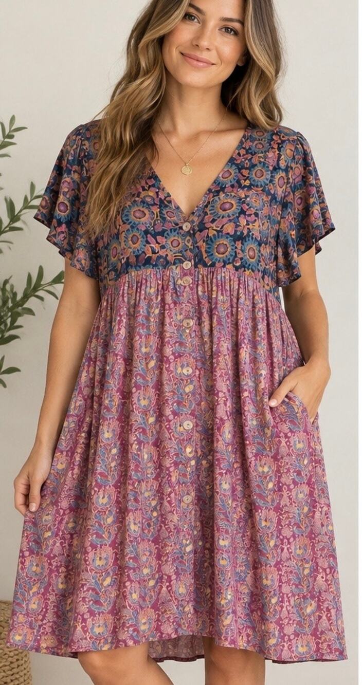 Natural Life Boho Patchwork Floral Babydoll Dress XL Button Front